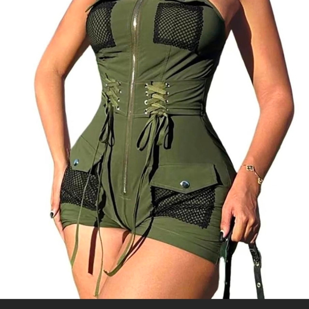 Olive Green Zipper Lace-Up One-Piece Romper With Fishnet Details! M Stretchy - Picture 4 of 4